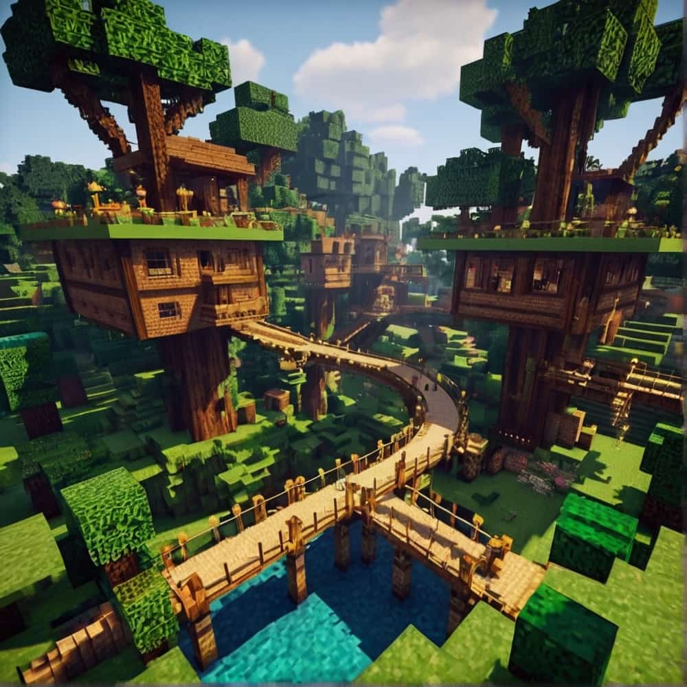 minecraft house ideas with multiple treehouses with bridges and platforms 1 