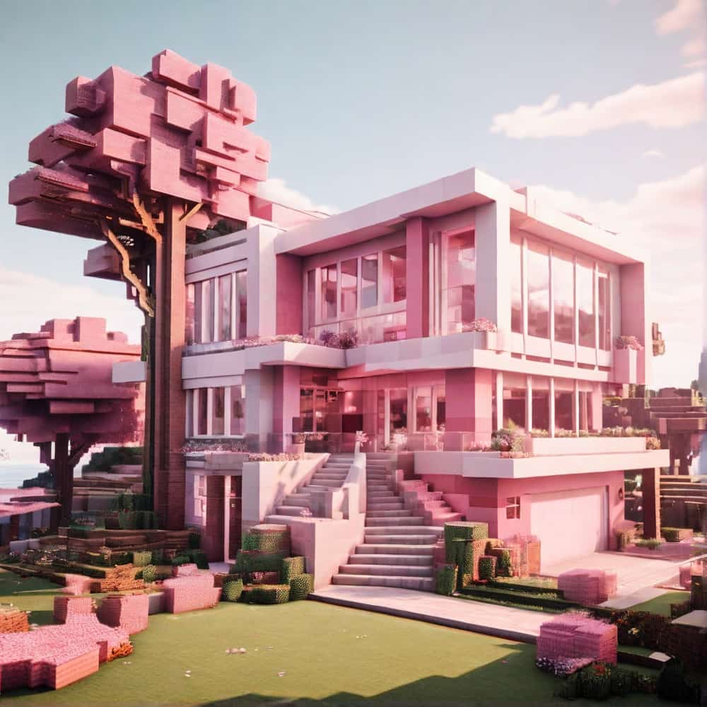 pink minecraft house with a blend of modern aesthetics 2