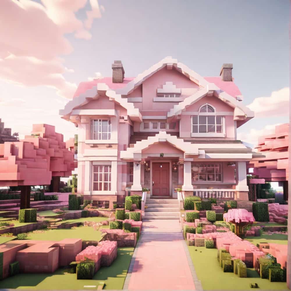 pink minecraft house with a bungalow features light pink walls with white trim 1