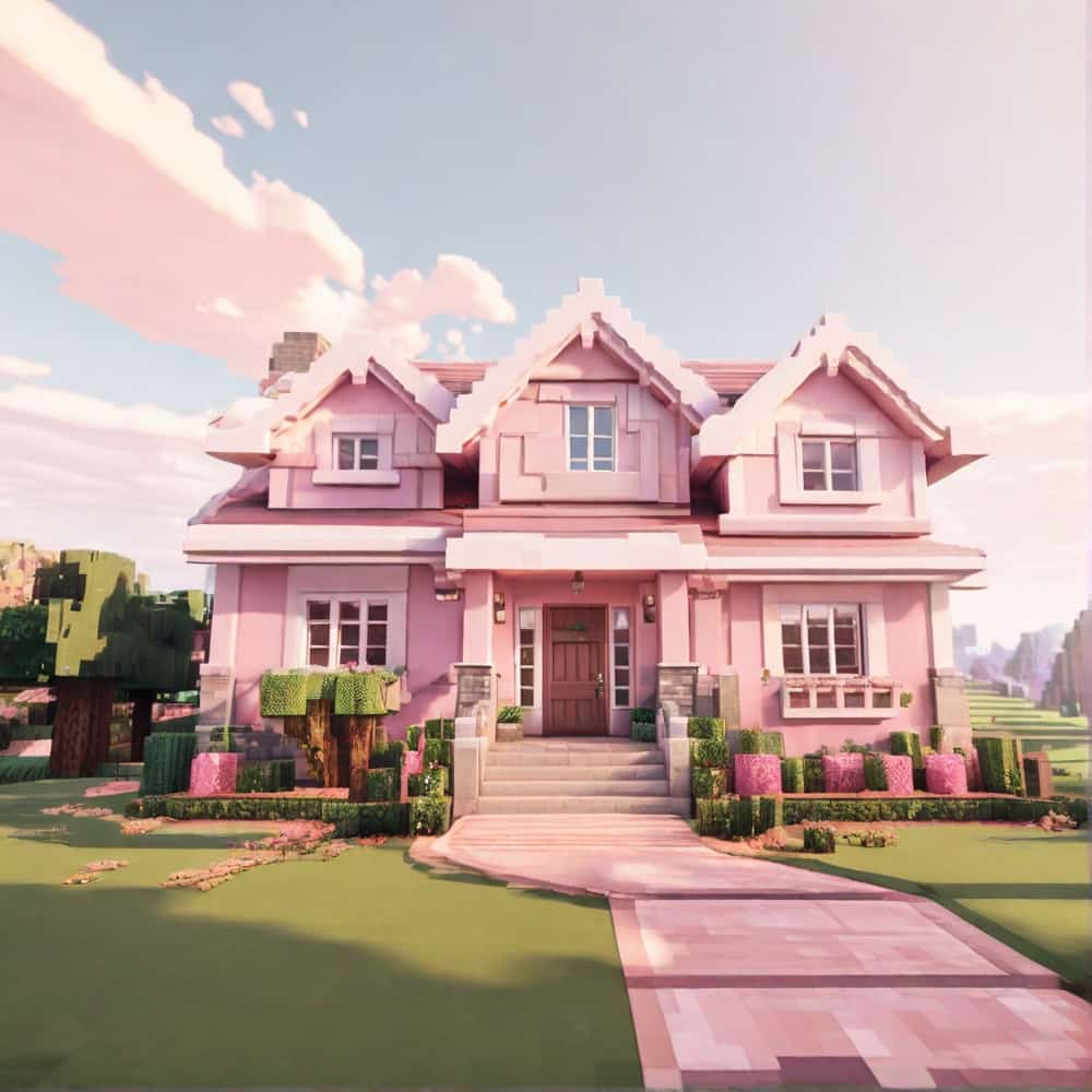 pink minecraft house with a bungalow features light pink walls with white trim 2