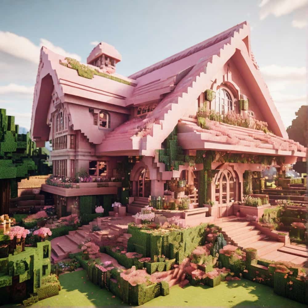 pink minecraft house with a burrowed home with a curved pink roof made from terracotta 1