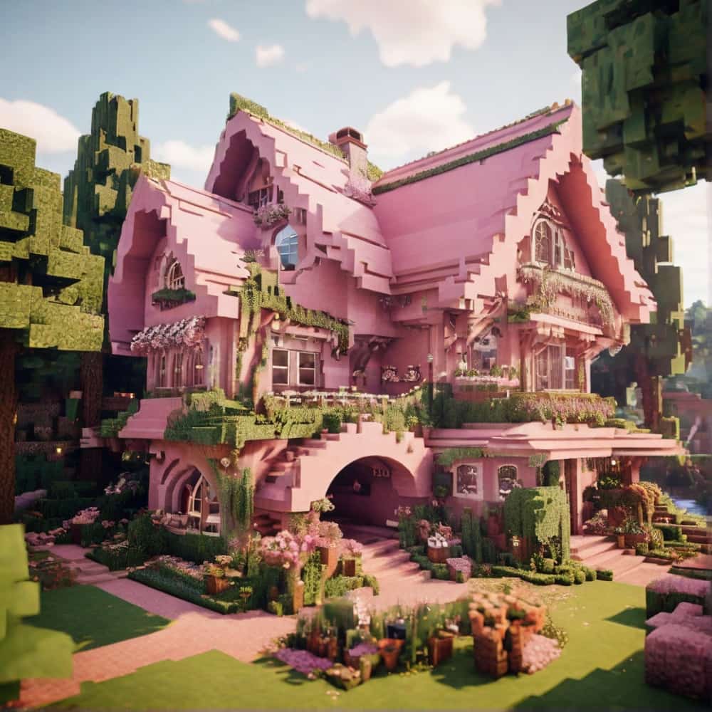 pink minecraft house with a burrowed home with a curved pink roof made from terracotta 2