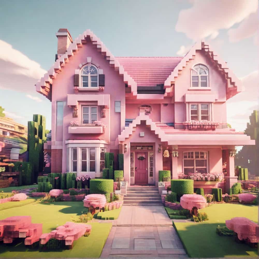 pink minecraft house with a classic suburban house with pink bricks and a beautiful front yard 1