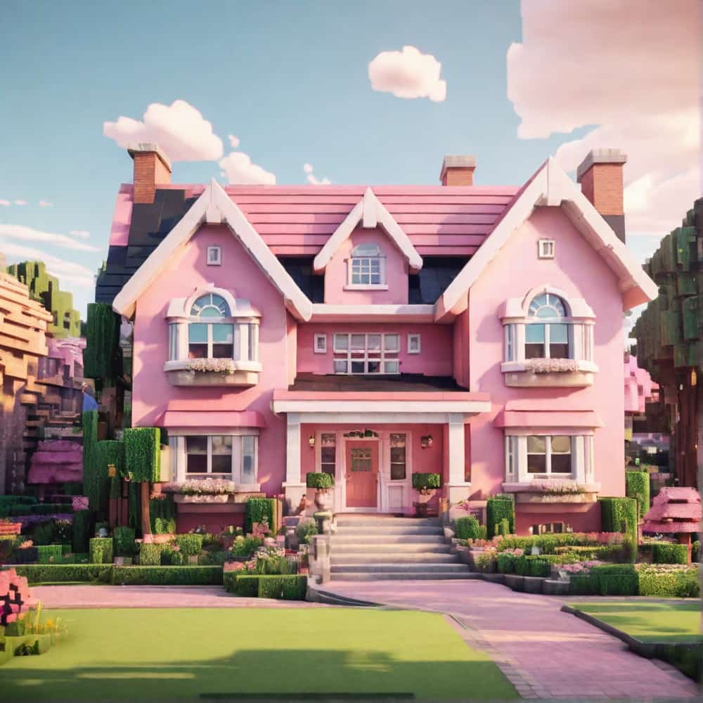 pink minecraft house with a classic suburban house with pink bricks and a beautiful front yard 2