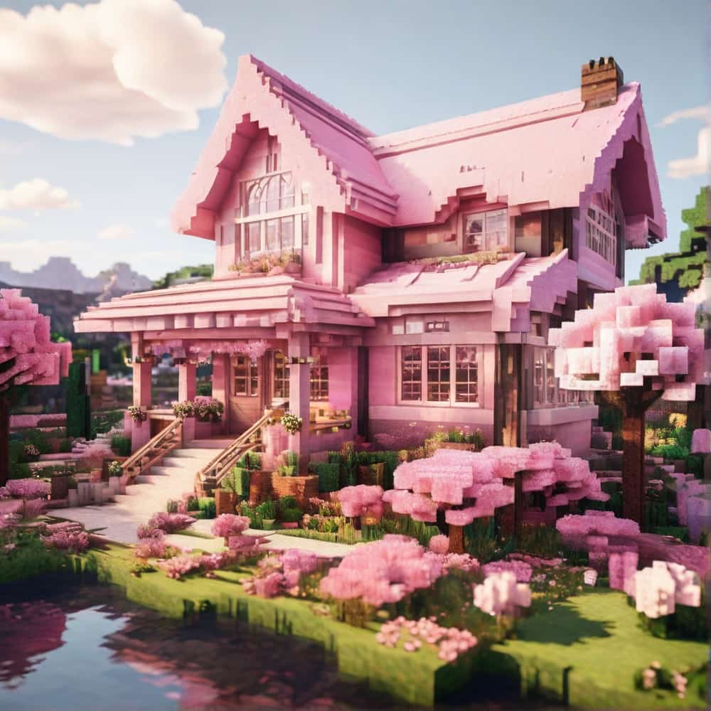 pink minecraft house with a cottage that looks like 2