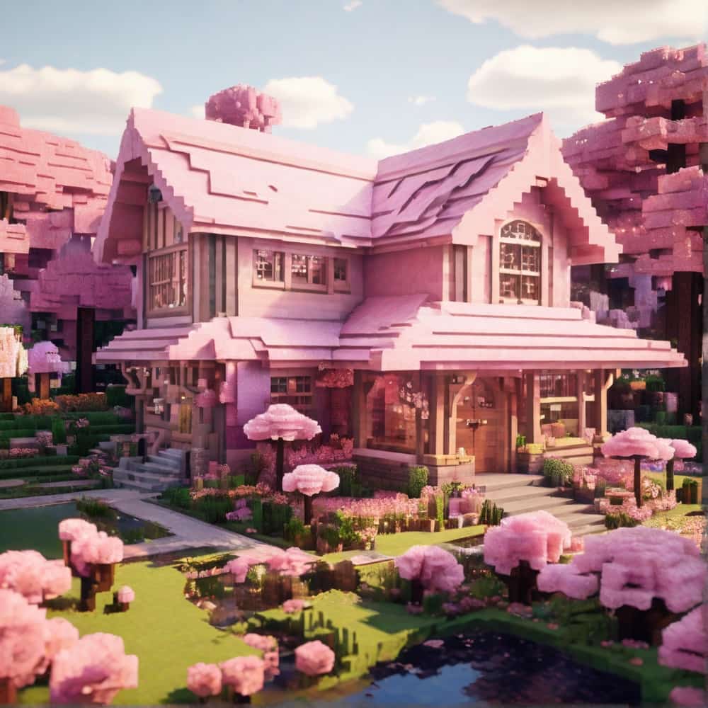 pink minecraft house with a cottage that looks like