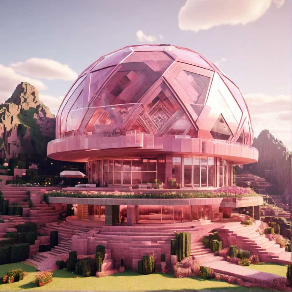 pink minecraft house with a geodesic dome 1