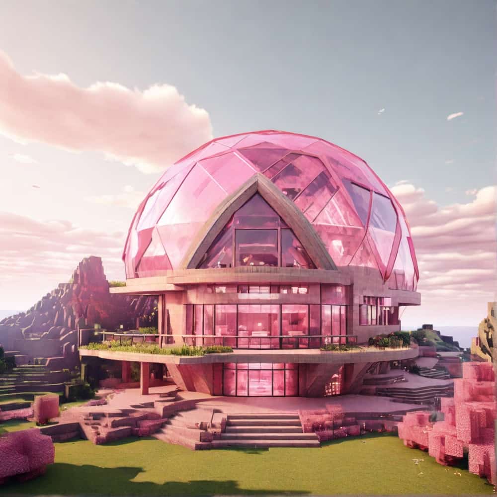 pink minecraft house with a geodesic dome 2