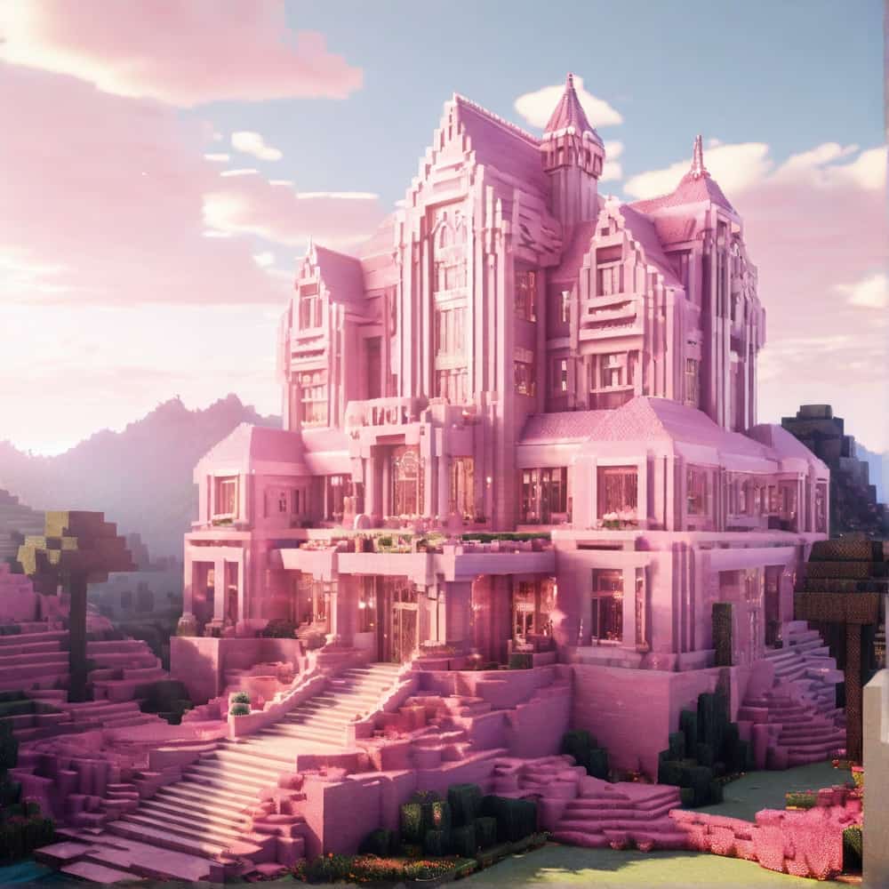 pink minecraft house with a majestic palace that shine