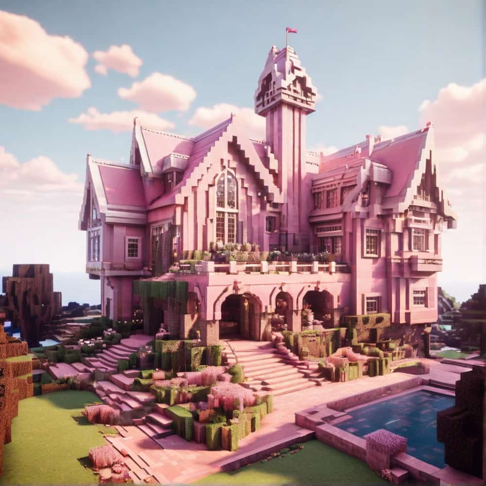 pink minecraft house with a small castle 1