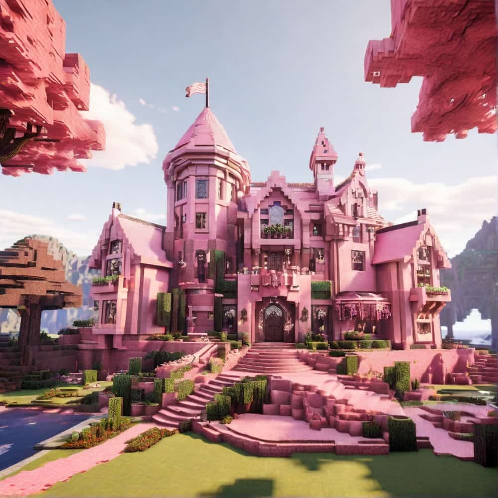 pink minecraft house with a small castle 2