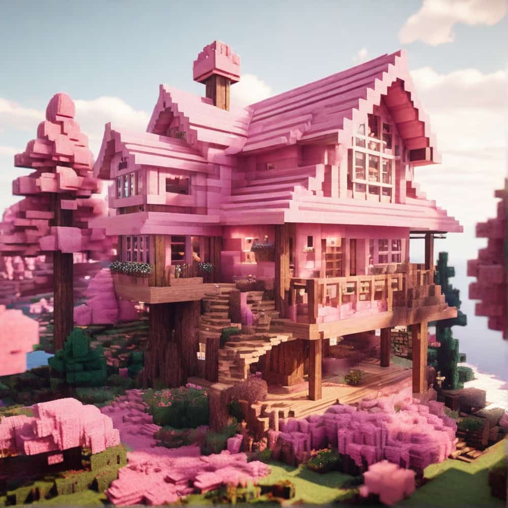 pink minecraft house with a treehouse using pink wool and pink stained glass 1