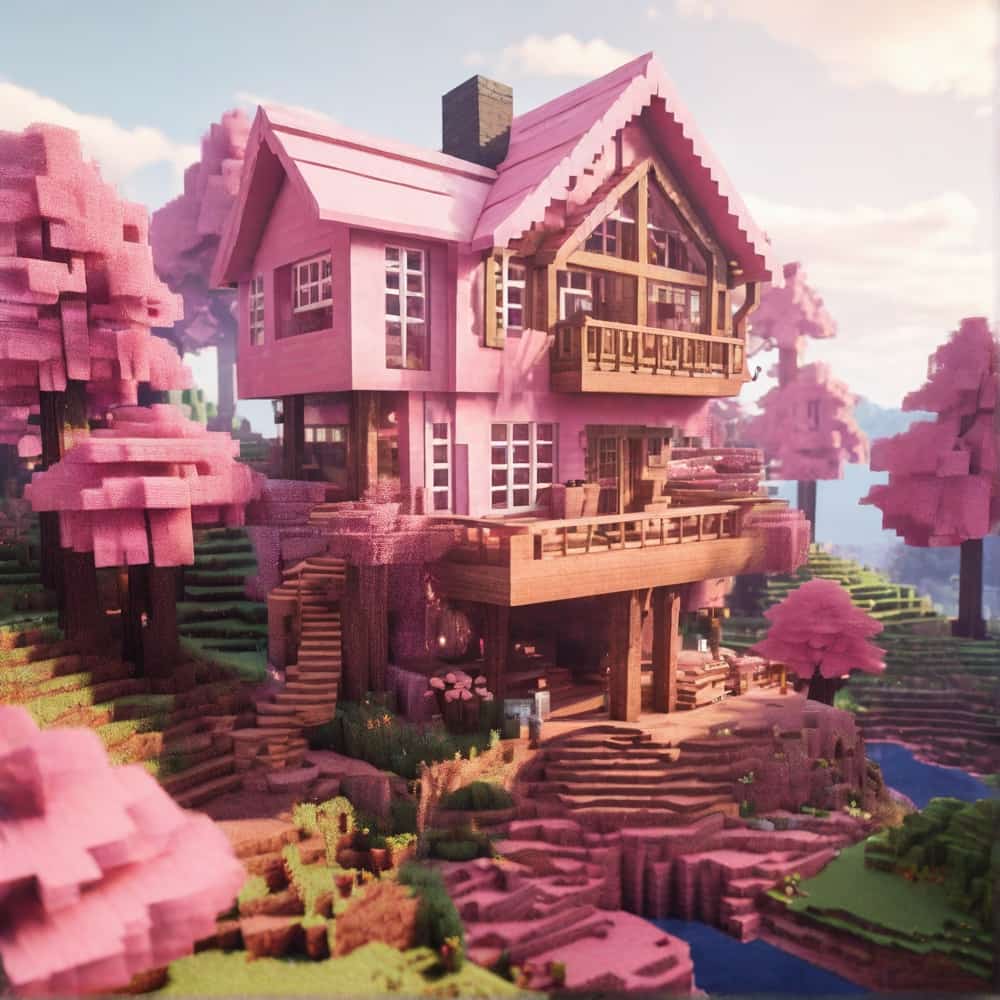 pink minecraft house with a treehouse using pink wool and pink stained glass 2