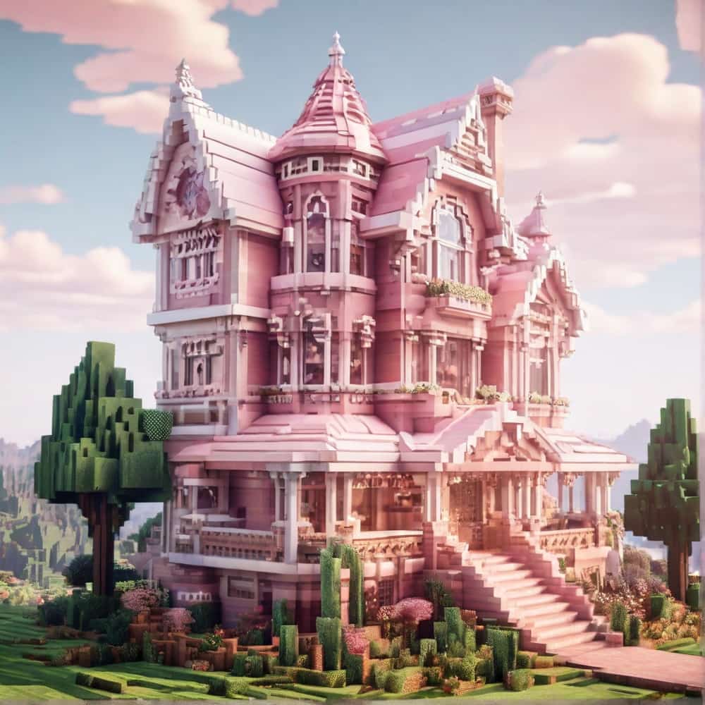 pink minecraft house with a victorian inspired design 1