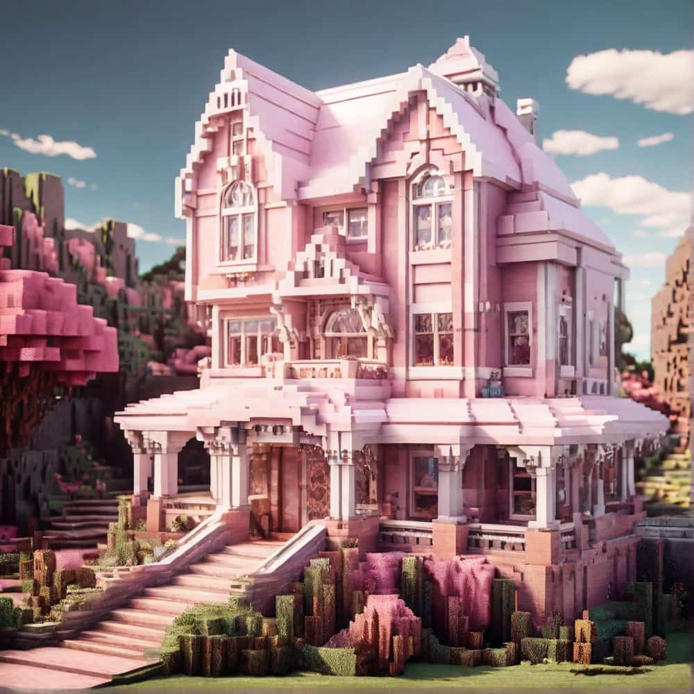 pink minecraft house with a victorian inspired design 2