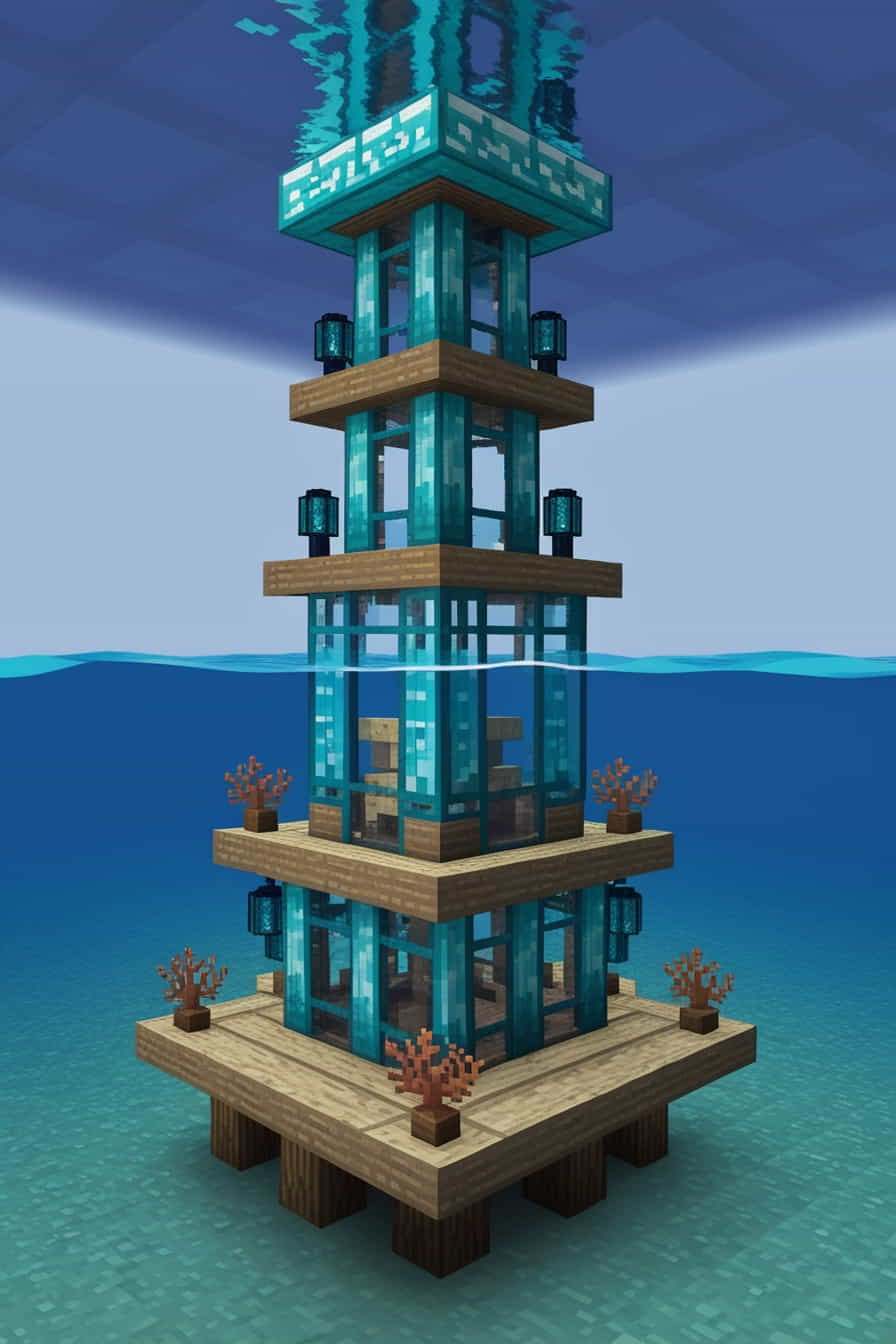 underwater minecraft tower using prismarine and sea lantern (1) 