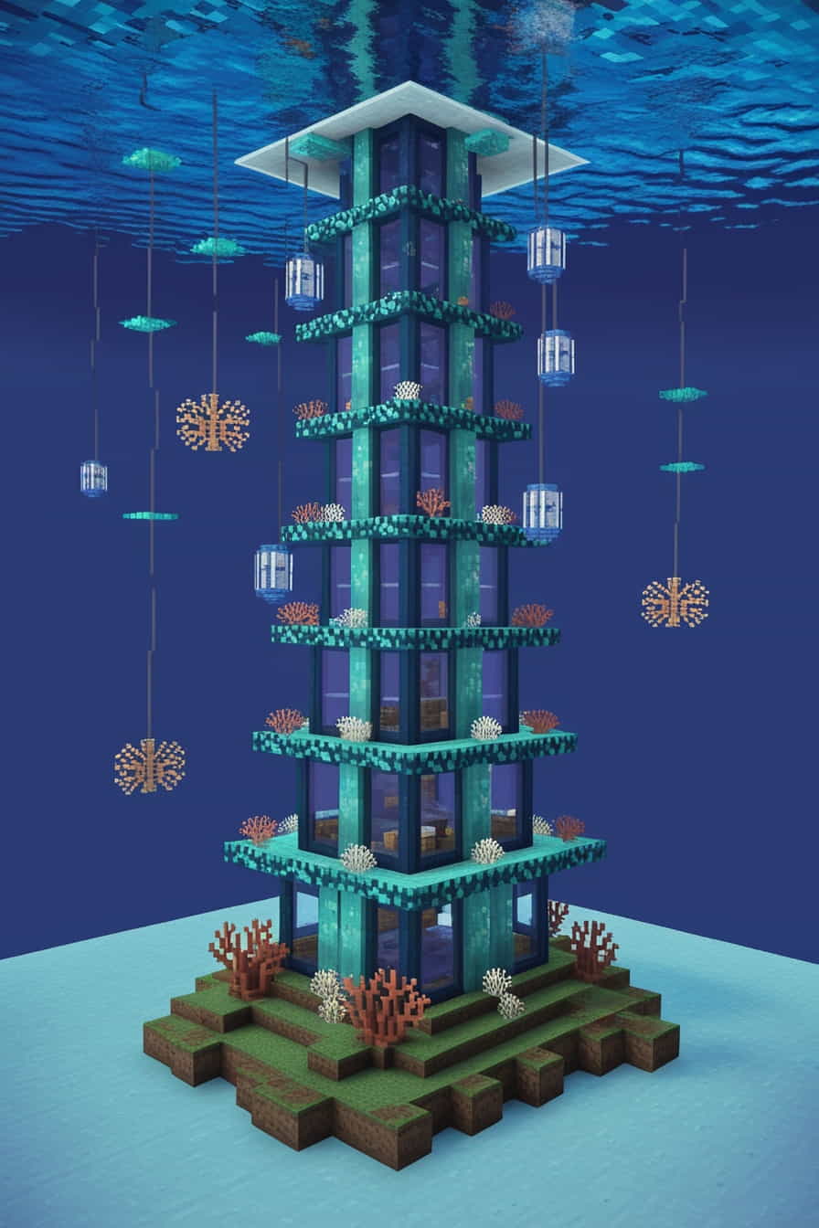 underwater minecraft tower using prismarine and sea lantern (2) 