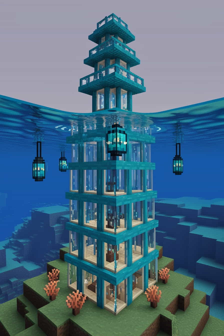 underwater minecraft tower using prismarine and sea lantern (3) 