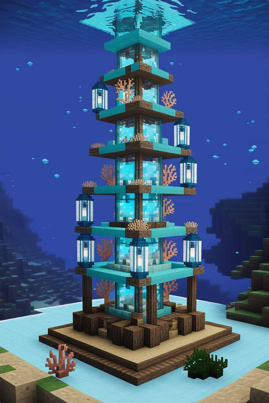 underwater minecraft tower using prismarine and sea lantern (4) 