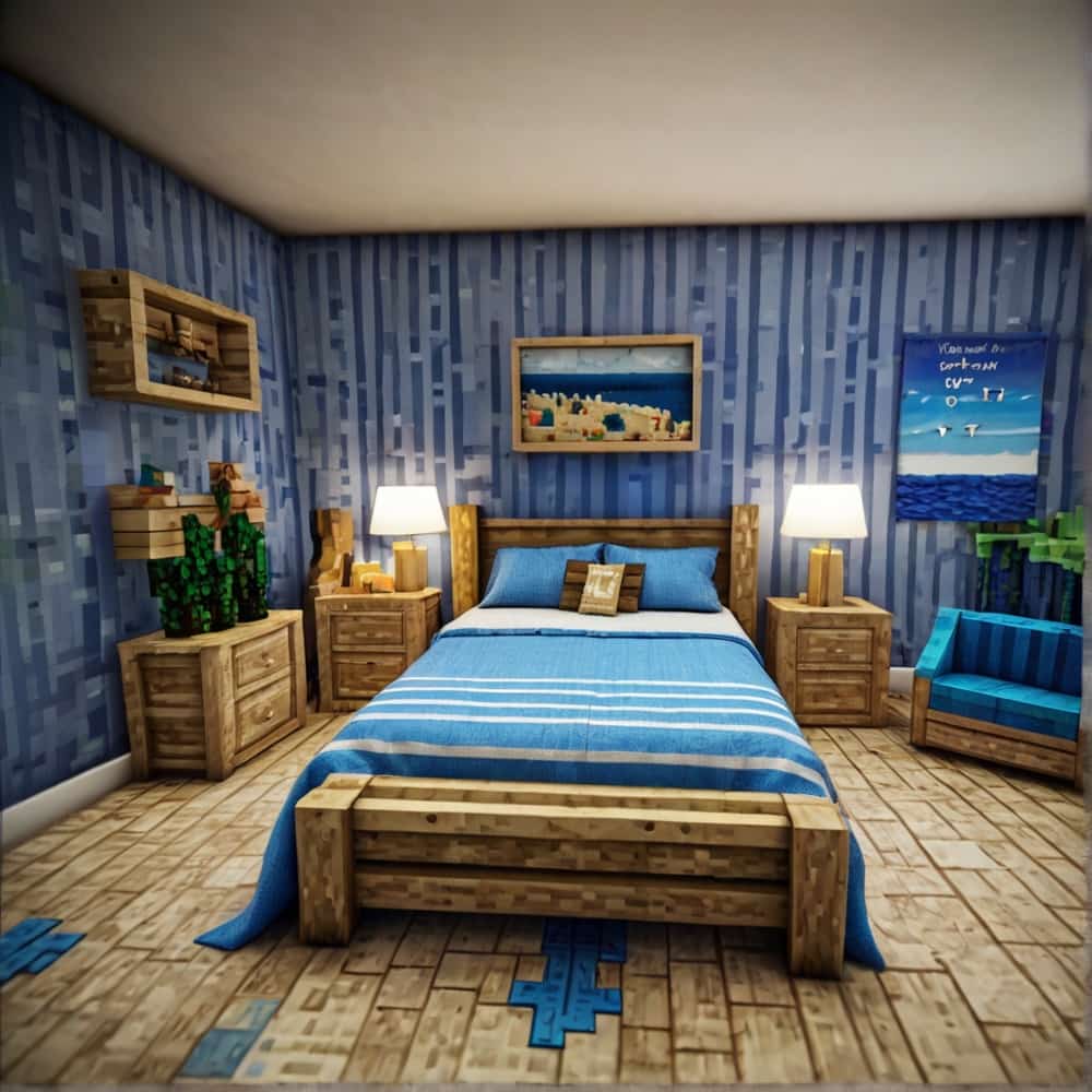         vanilla minecraft bedroom with a seaside theme using stripped birch logs and blue wool for the bed 1 