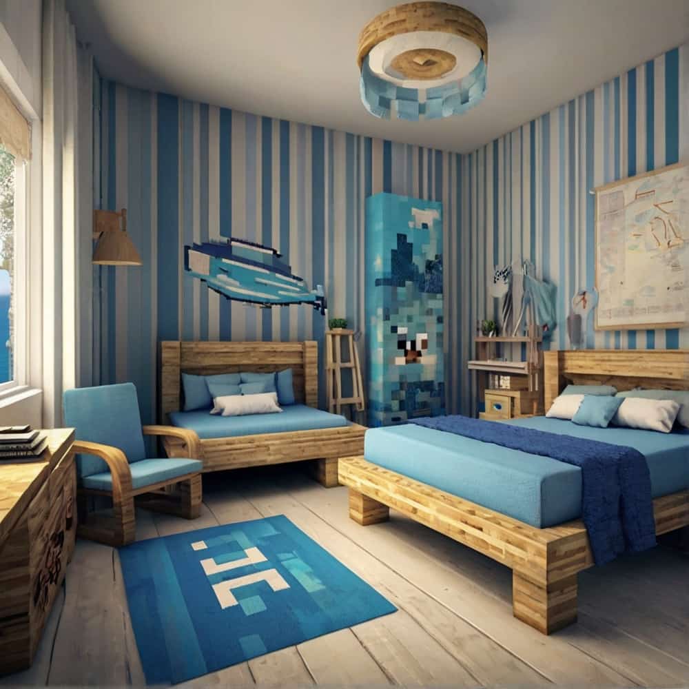         vanilla minecraft bedroom with a seaside theme using stripped birch logs and blue wool for the bed 2 