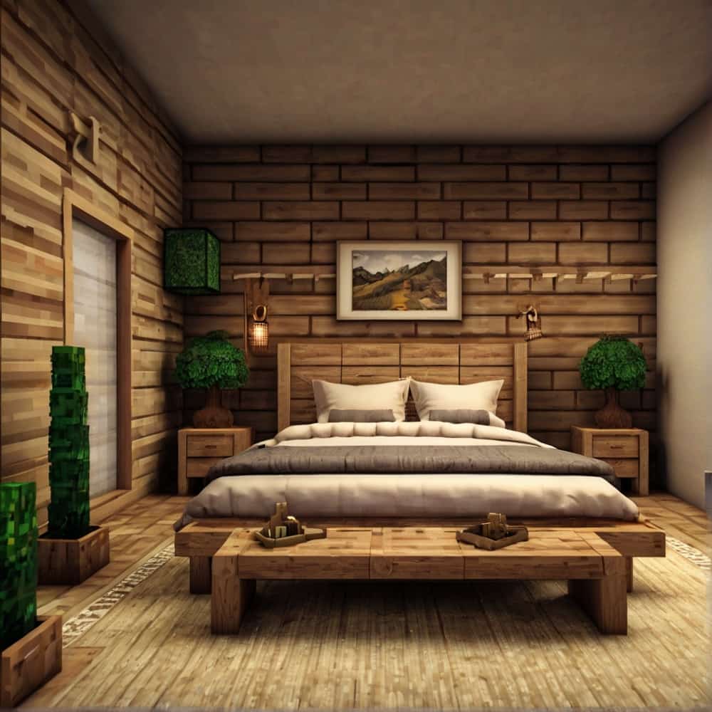         vanilla minecraft bedroom with oak wood planks and logs to create a warm rustic bedroom 